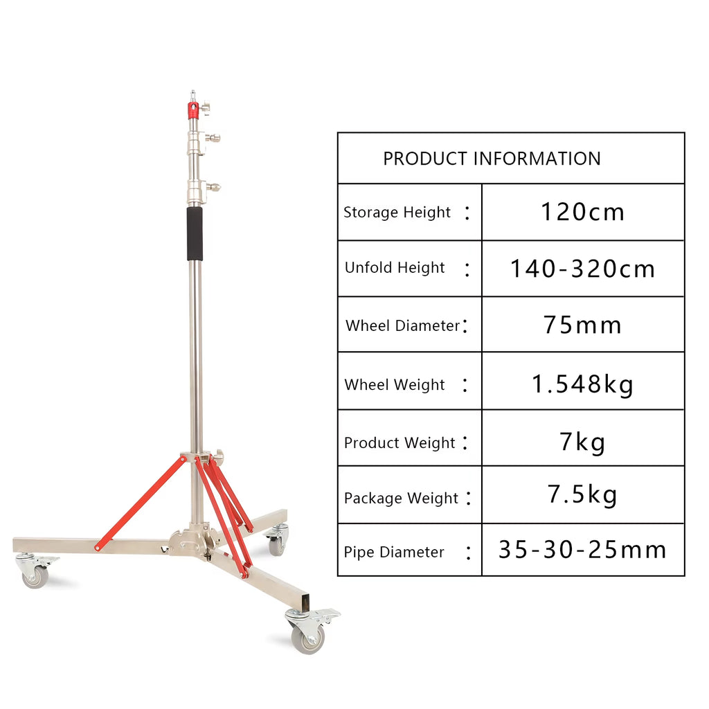 320Cm Photography Magic Leg with 3 Wheels All Metal C-Stand Bracket Stainless Steel Tripod for Stainless Steell Arm Crossbar