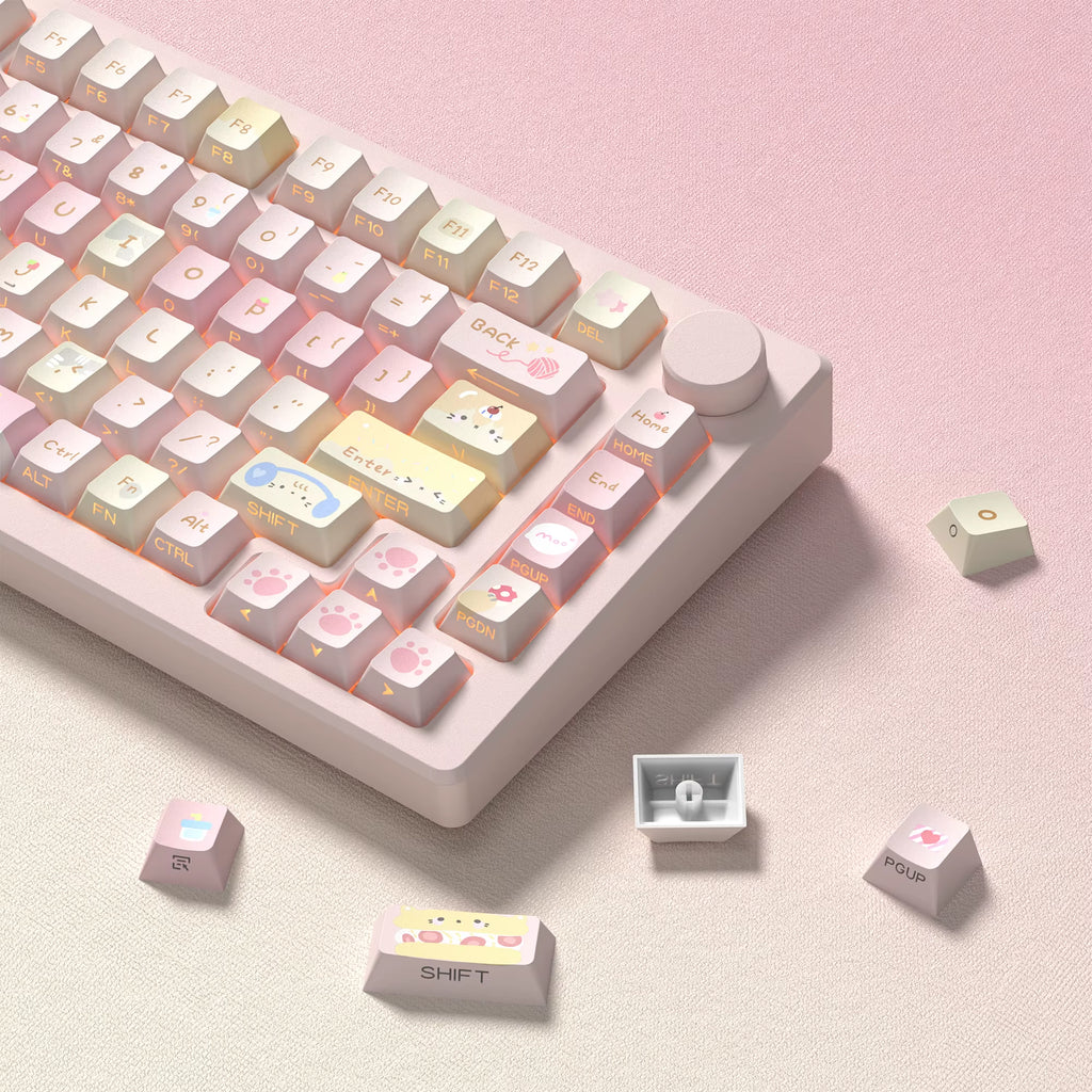 130 Keys Pink Cat Shine through Keycaps Dye Sub Side Print PBT Keycaps Cherry Profile for Cherry Gateron MX Switches Keyboard