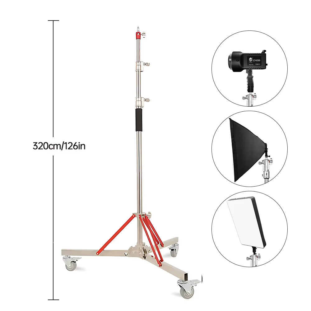 320Cm Photography Magic Leg with 3 Wheels All Metal C-Stand Bracket Stainless Steel Tripod for Stainless Steell Arm Crossbar