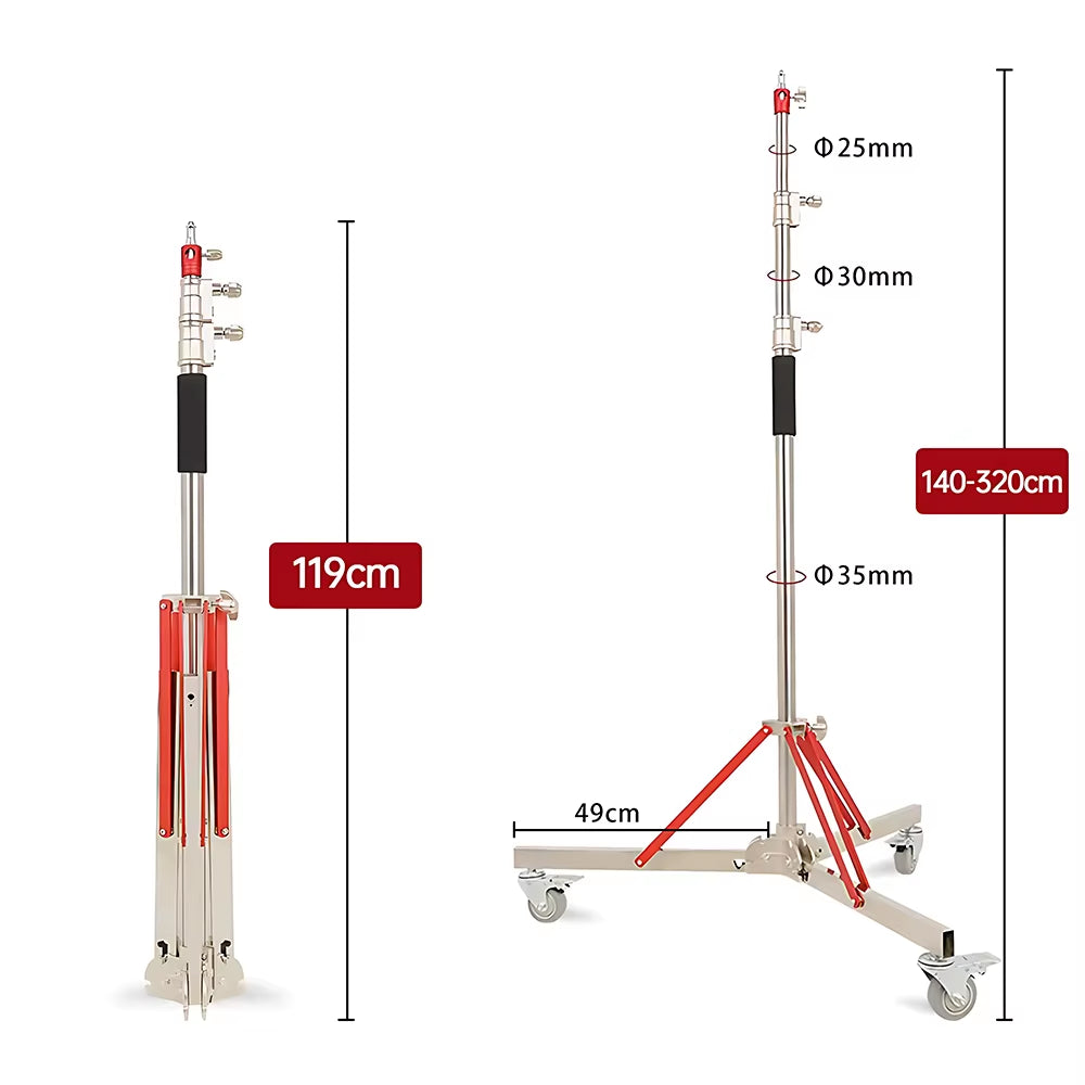 320Cm Photography Magic Leg with 3 Wheels All Metal C-Stand Bracket Stainless Steel Tripod for Stainless Steell Arm Crossbar