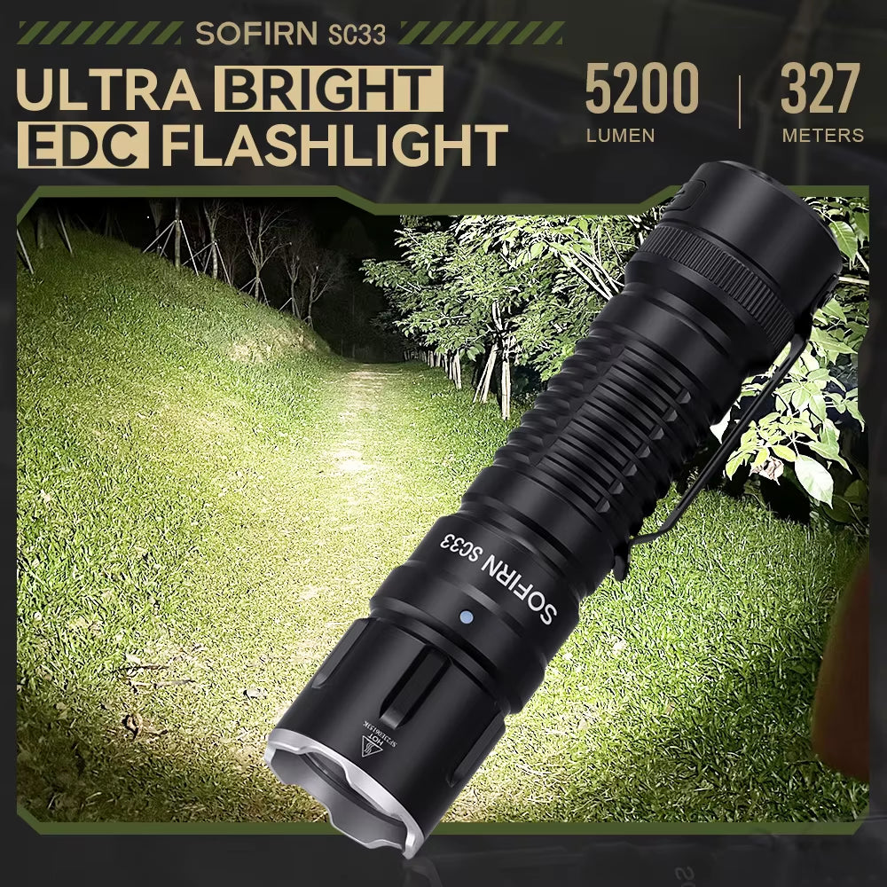 SC33 LED Tactical Flashlight XHP70.3 HI 5200Lm Powerful 21700 Type C Rechargeable Torch E-Switch Outdoor Light