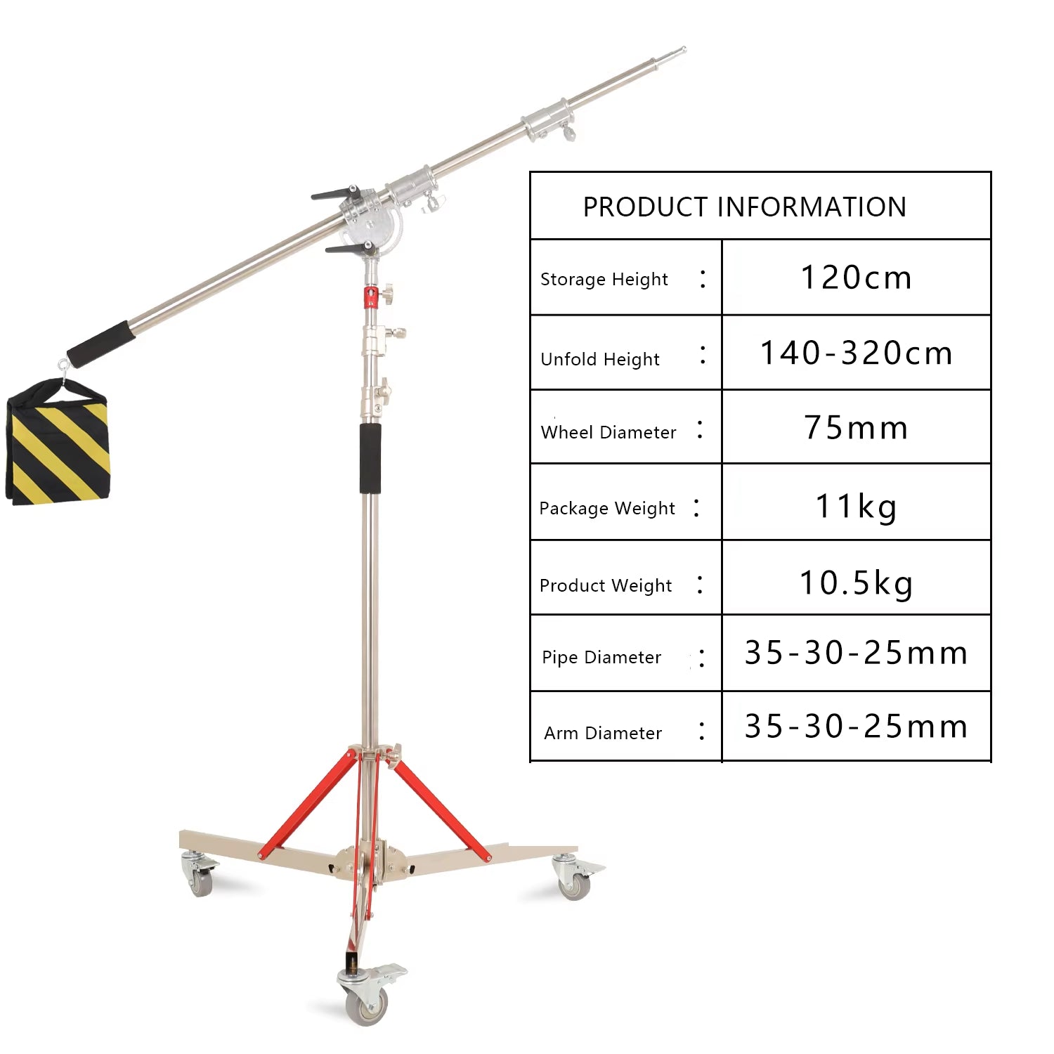320Cm Photography Magic Leg with 3 Wheels All Metal C-Stand Bracket Stainless Steel Tripod for Stainless Steell Arm Crossbar