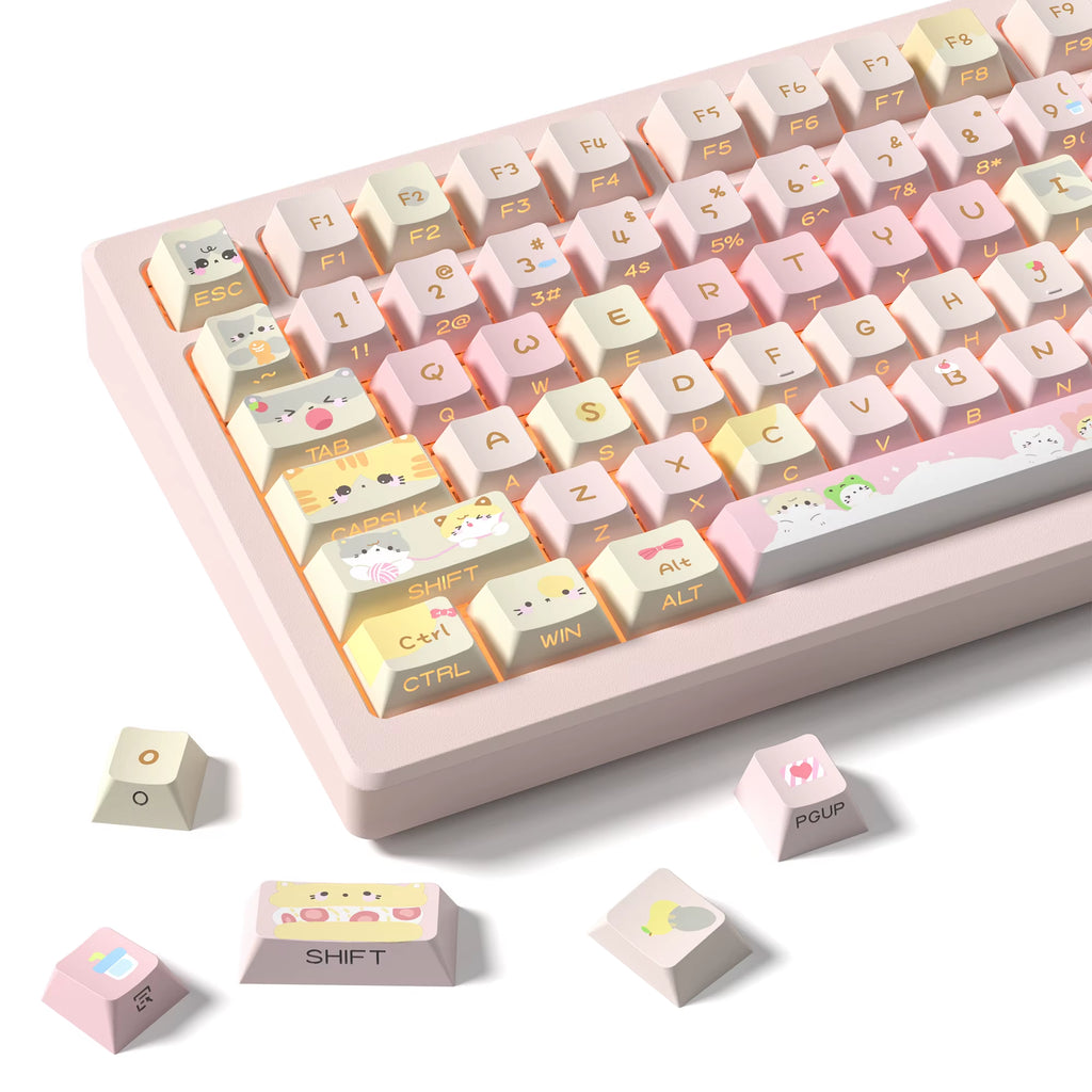 130 Keys Pink Cat Shine through Keycaps Dye Sub Side Print PBT Keycaps Cherry Profile for Cherry Gateron MX Switches Keyboard