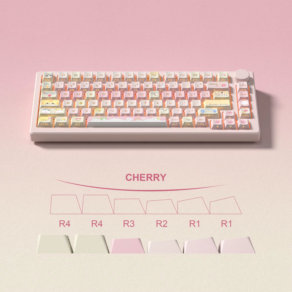 130 Keys Pink Cat Shine through Keycaps Dye Sub Side Print PBT Keycaps Cherry Profile for Cherry Gateron MX Switches Keyboard