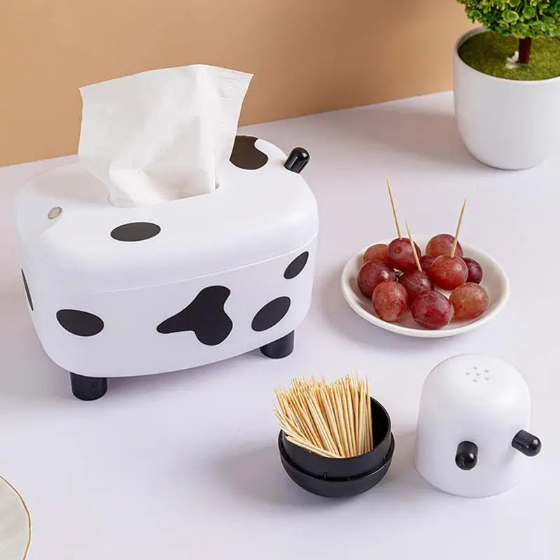 2 in 1 Tissue Box Holder with Toothpick Dispenser Cow Shaped Desktop Paper Organizer Napkin Storage Box Home Decoration